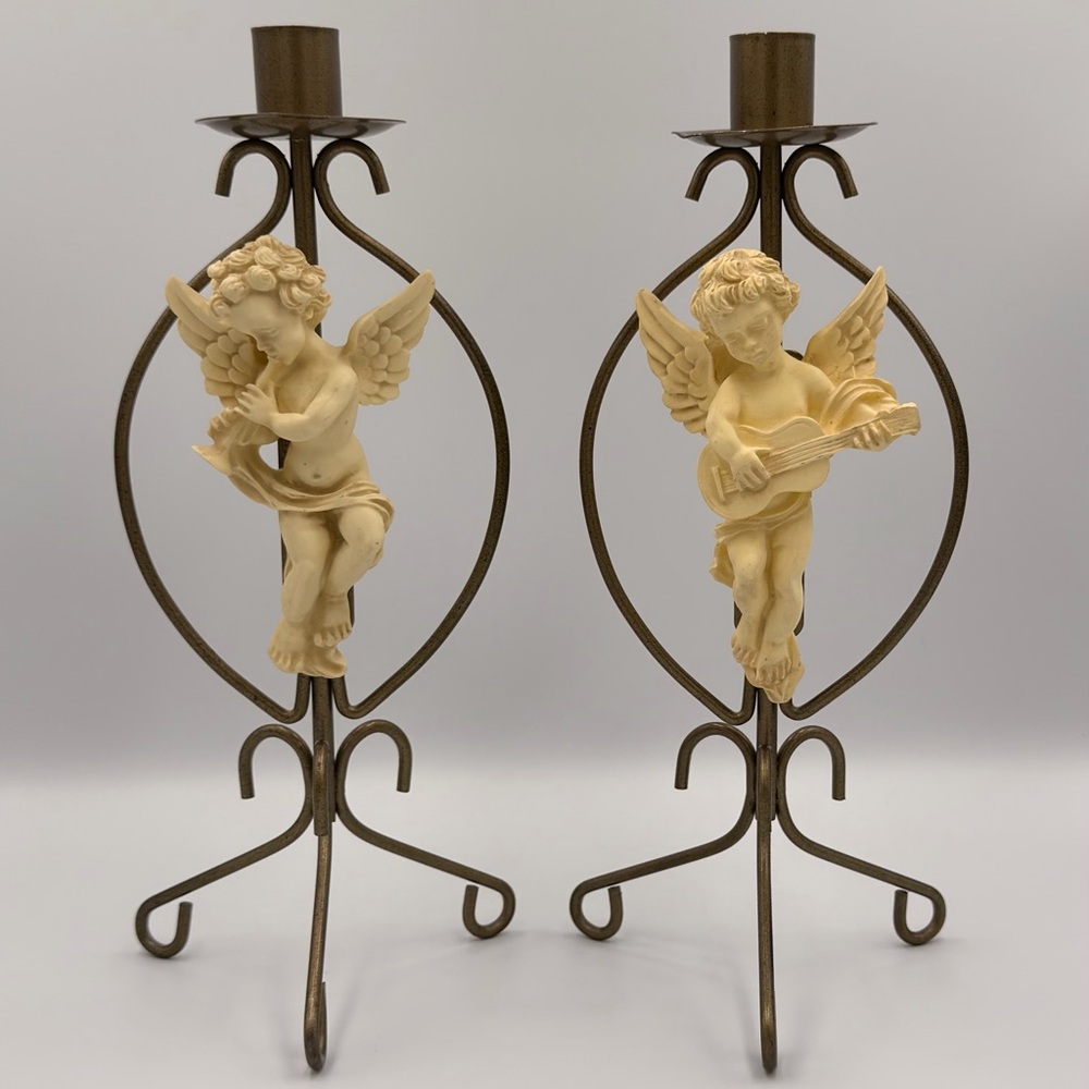 Vintage Farmhouse Shabby Chic Angel Cherub Candlestick Holder Set Resin Decor